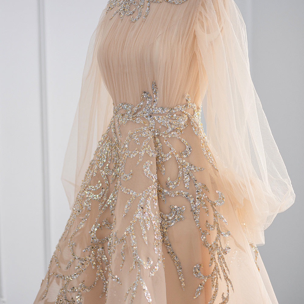 Luxury Champagne Long Sleeve Muslim Evening Dress SS496