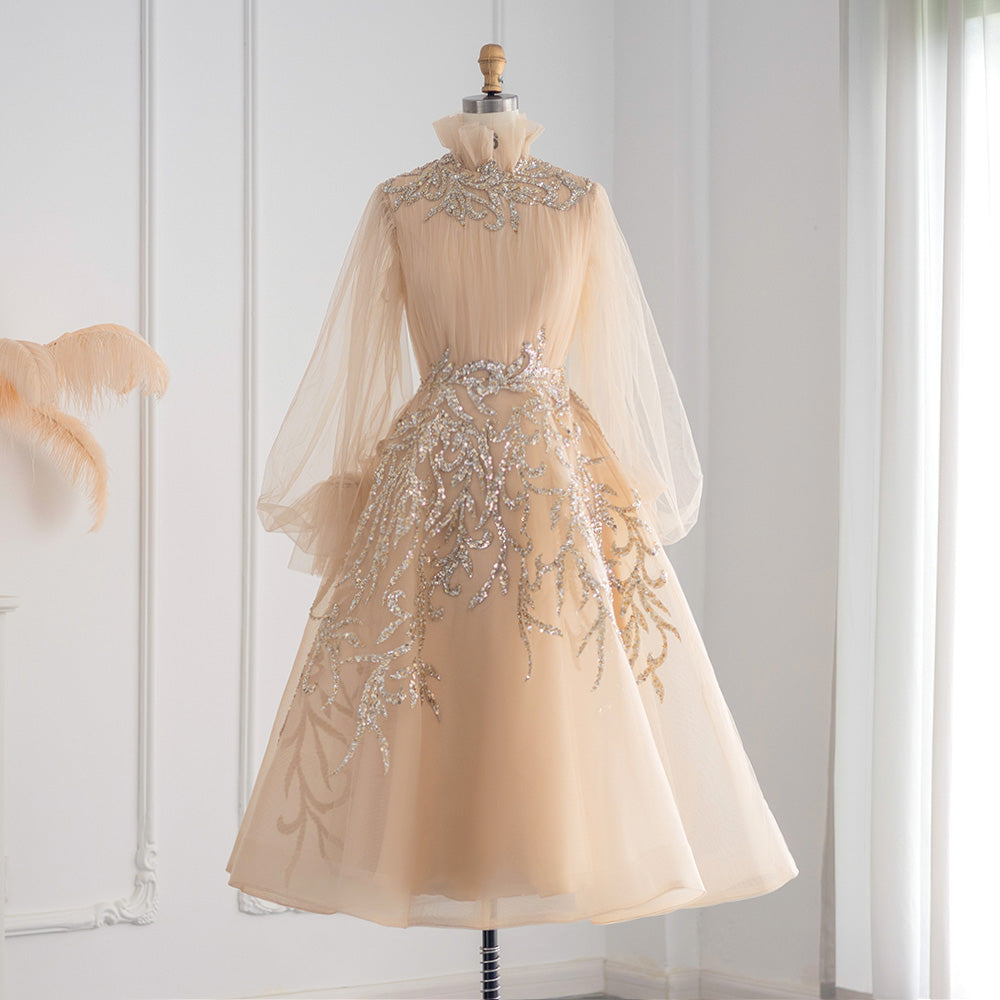 Luxury Champagne Long Sleeve Muslim Evening Dress SS496