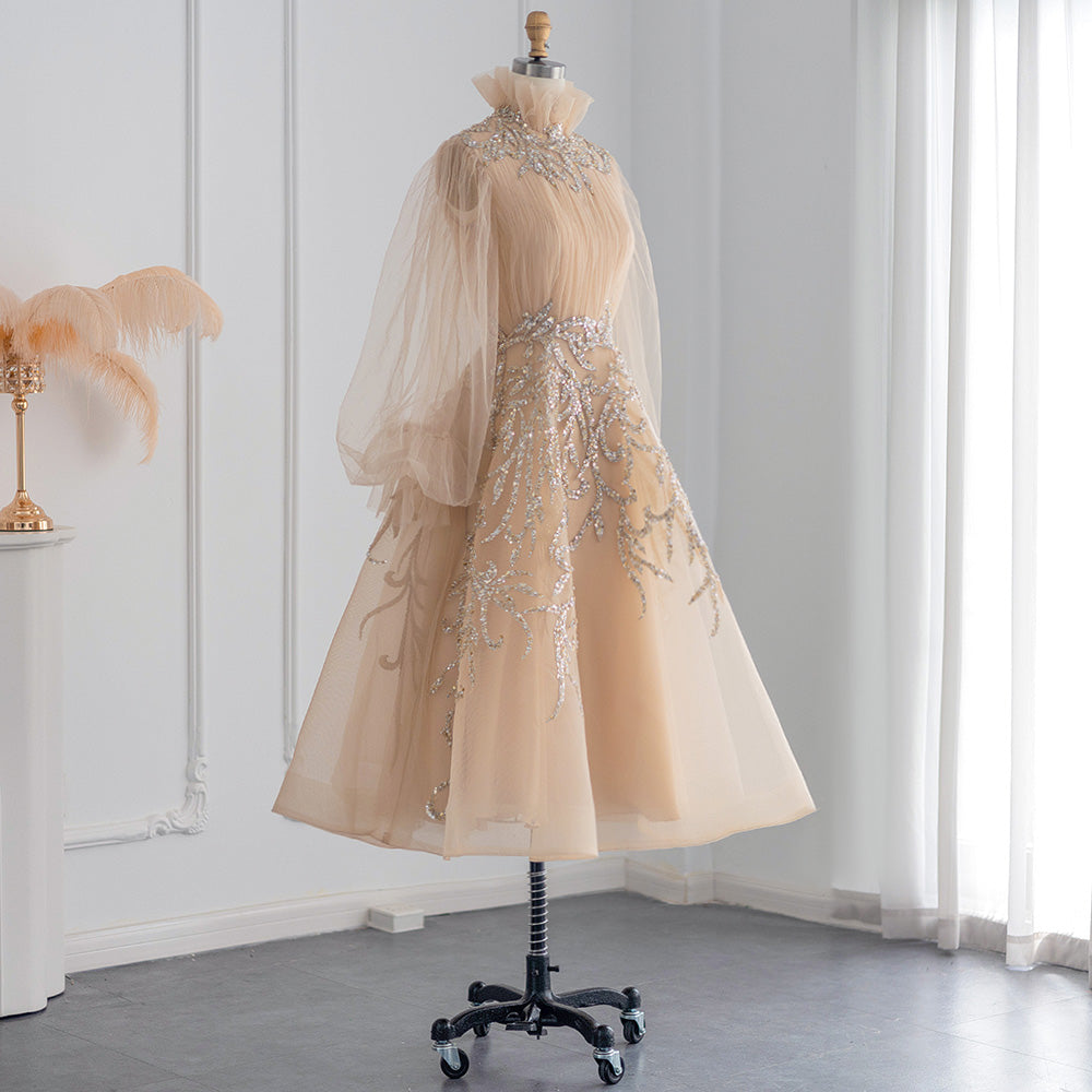 Luxury Champagne Long Sleeve Muslim Evening Dress SS496