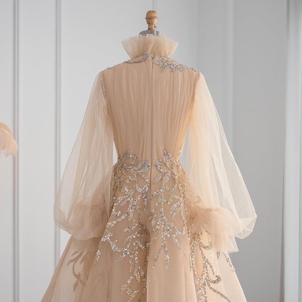 Luxury Champagne Long Sleeve Muslim Evening Dress SS496