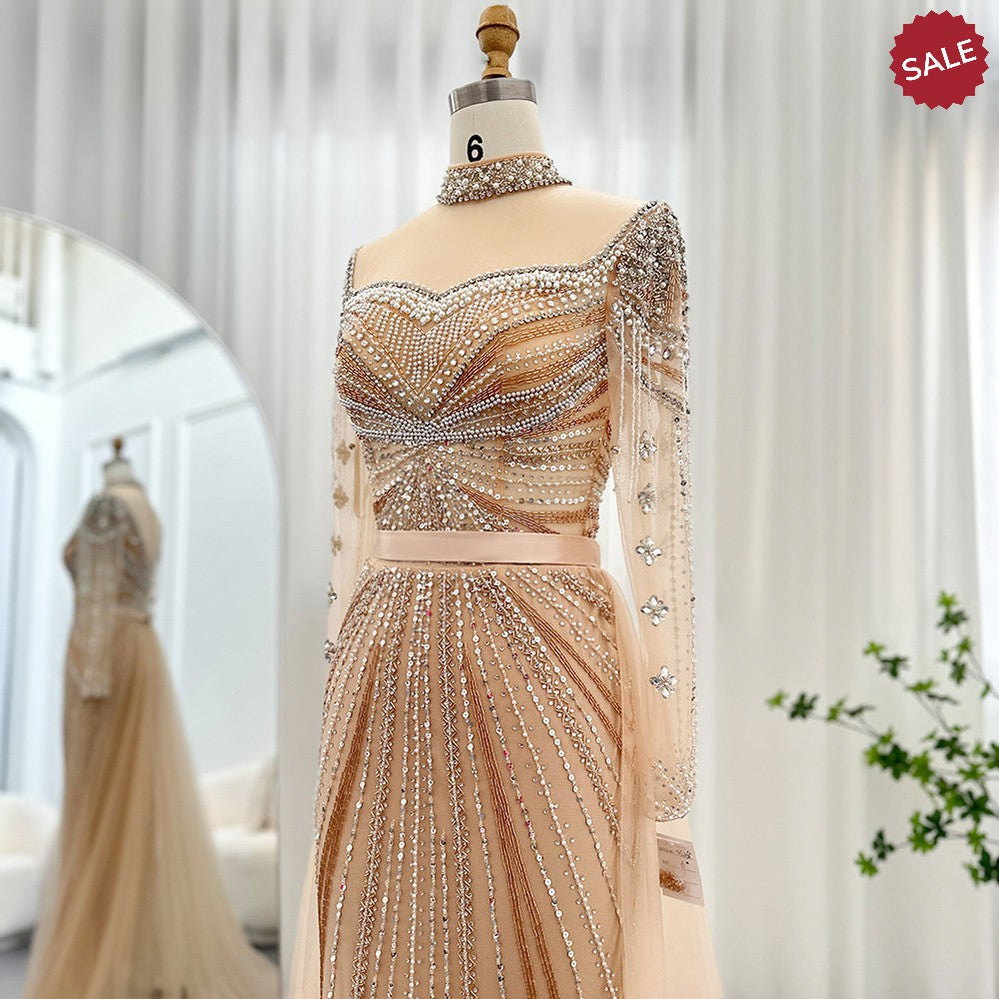Luxury Champagne Mermaid Dubai Evening Dress with Detachable Overskirt Arabic Women Wedding Formal Party Gowns SS265