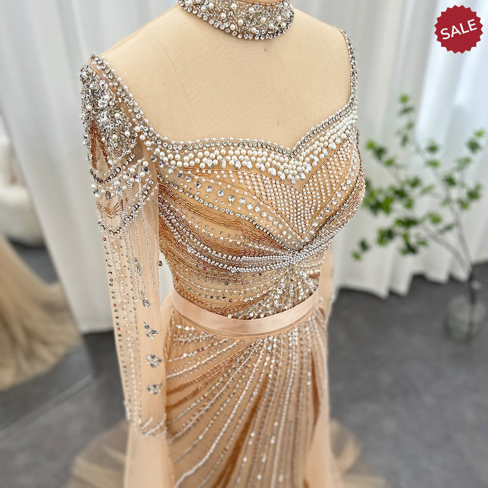 Luxury Champagne Mermaid Dubai Evening Dress with Detachable Overskirt Arabic Women Wedding Formal Party Gowns SS265