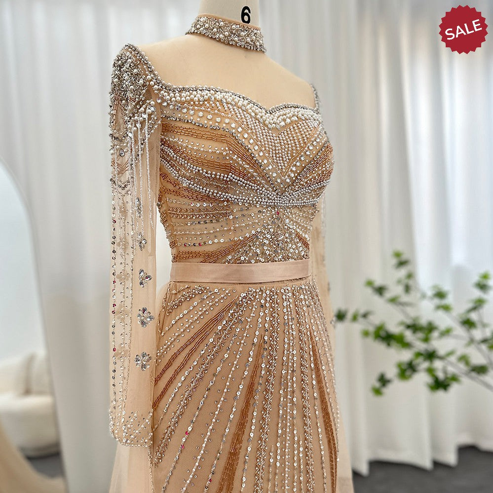 Luxury Champagne Mermaid Dubai Evening Dress with Detachable Overskirt Arabic Women Wedding Formal Party Gowns SS265