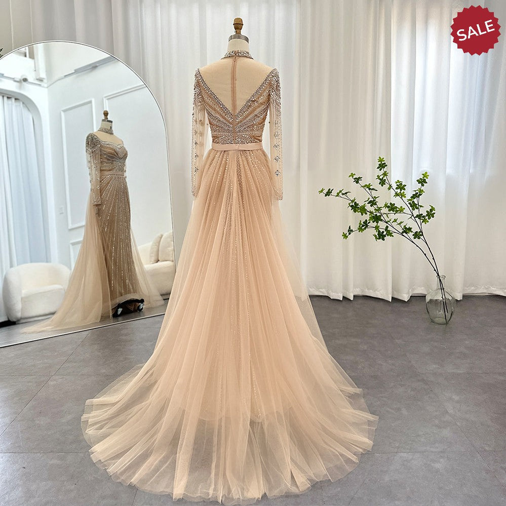 Luxury Champagne Mermaid Dubai Evening Dress with Detachable Overskirt Arabic Women Wedding Formal Party Gowns SS265