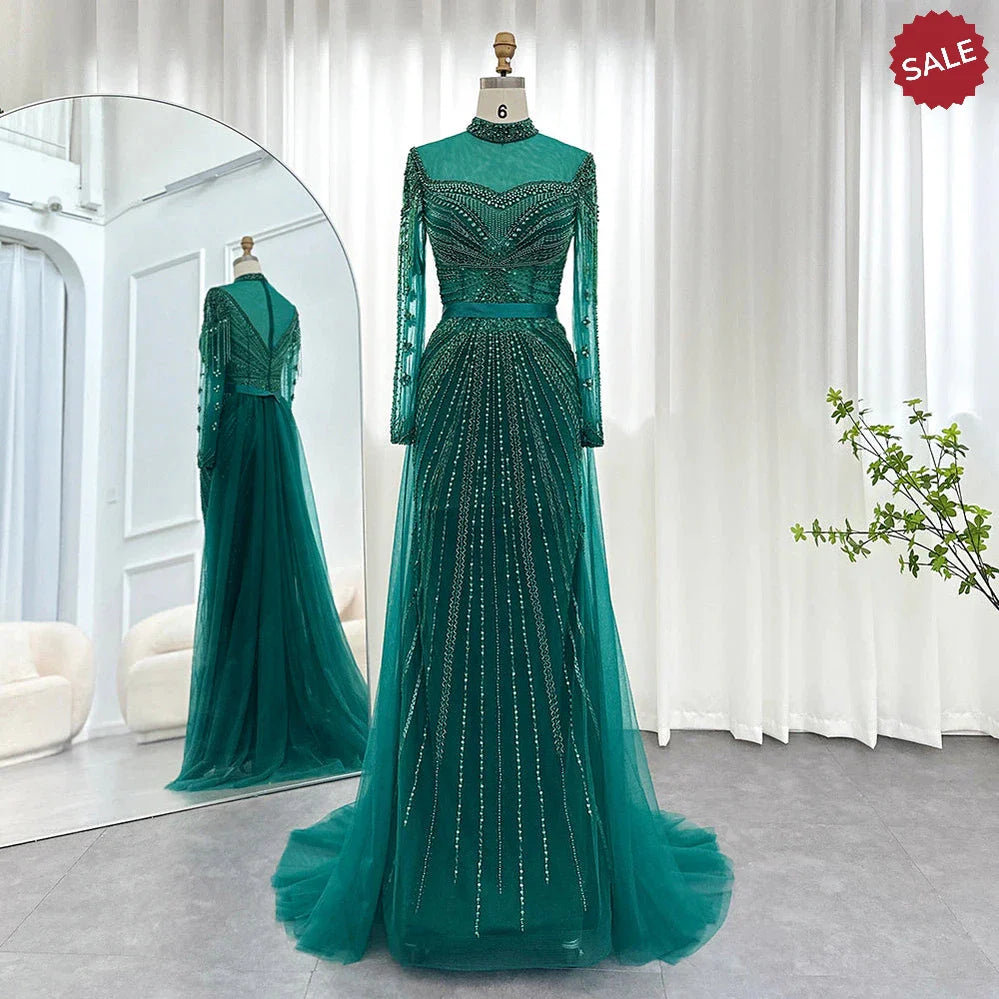Luxury Champagne Mermaid Dubai Evening Dress with Detachable Overskirt Arabic Women Wedding Formal Party Gowns SS265