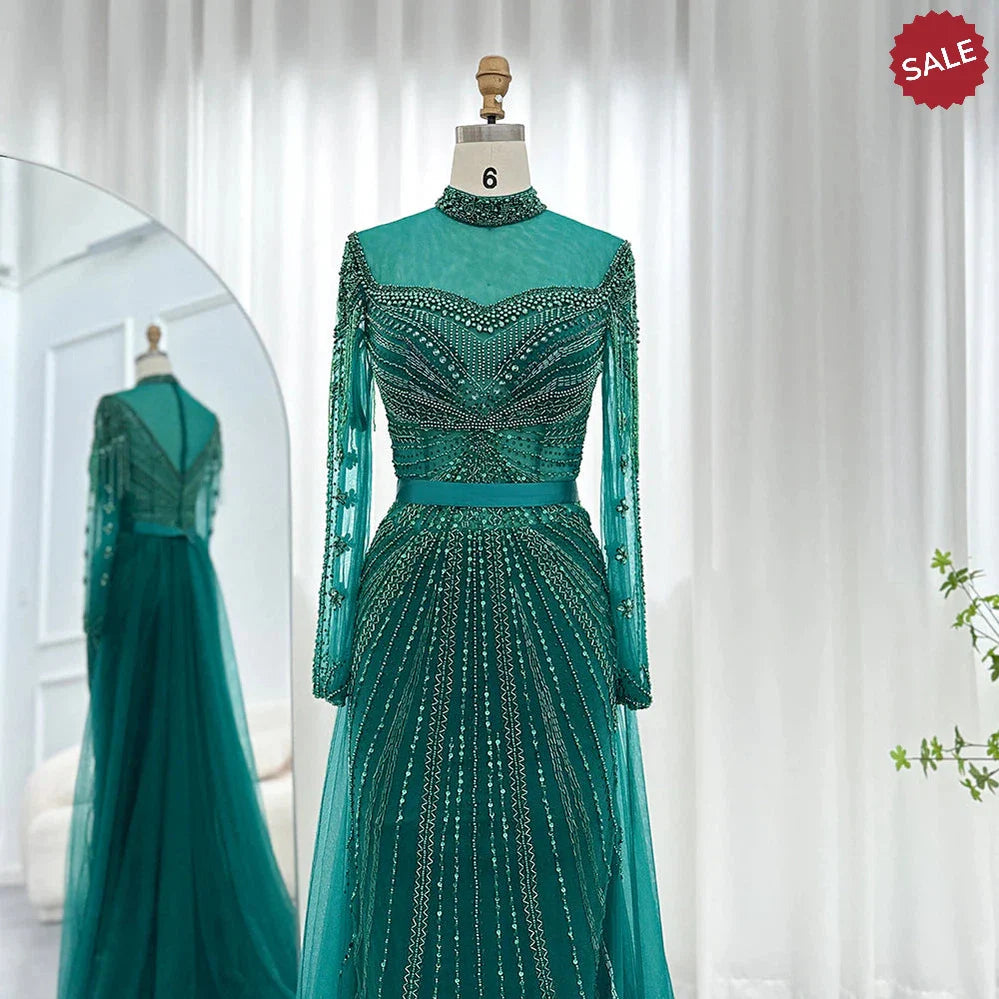 Luxury Champagne Mermaid Dubai Evening Dress with Detachable Overskirt Arabic Women Wedding Formal Party Gowns SS265
