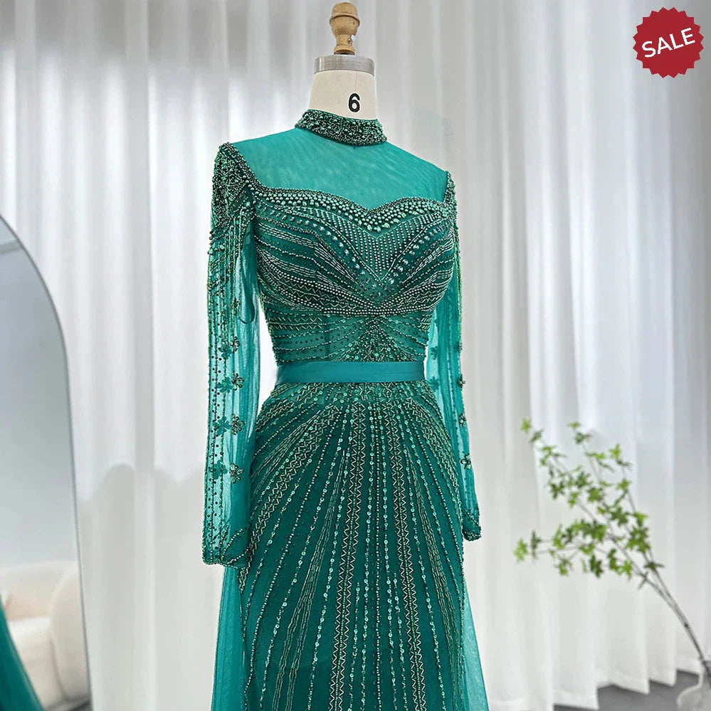 Luxury Champagne Mermaid Dubai Evening Dress with Detachable Overskirt Arabic Women Wedding Formal Party Gowns SS265