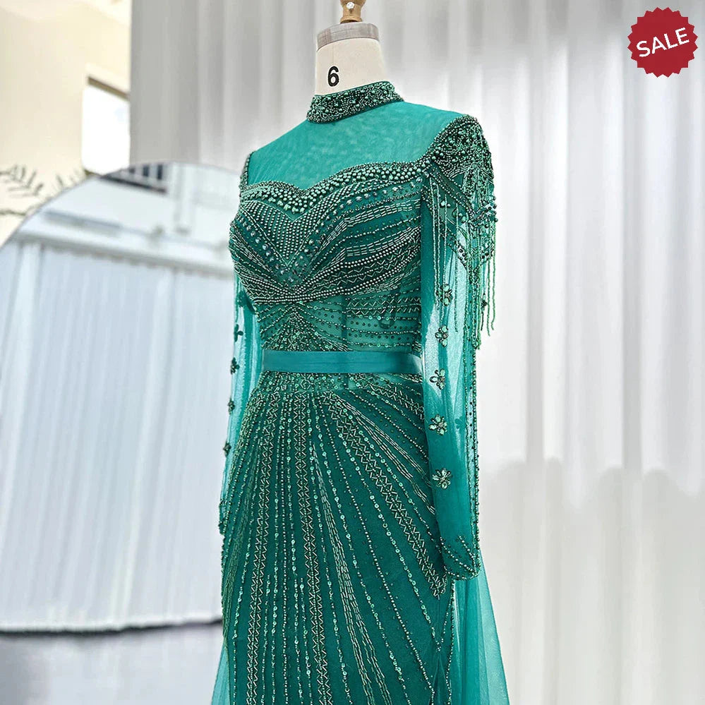 Luxury Champagne Mermaid Dubai Evening Dress with Detachable Overskirt Arabic Women Wedding Formal Party Gowns SS265