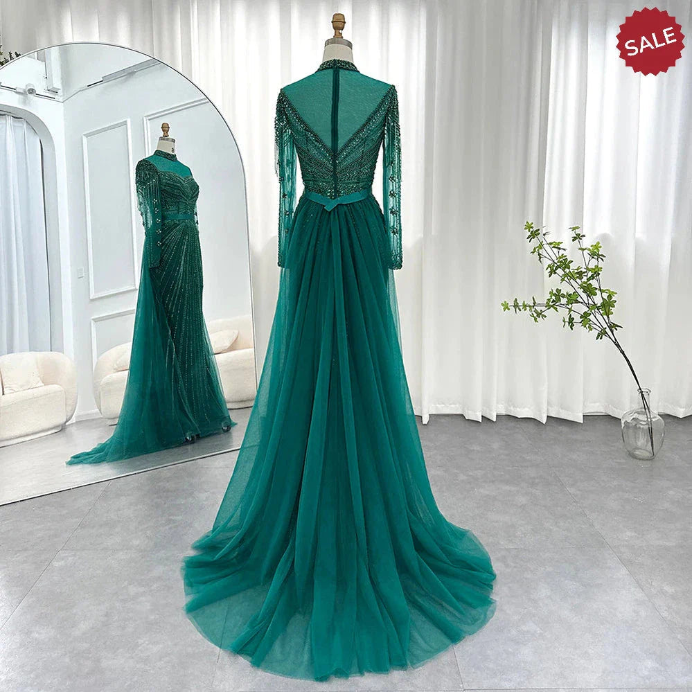 Luxury Champagne Mermaid Dubai Evening Dress with Detachable Overskirt Arabic Women Wedding Formal Party Gowns SS265
