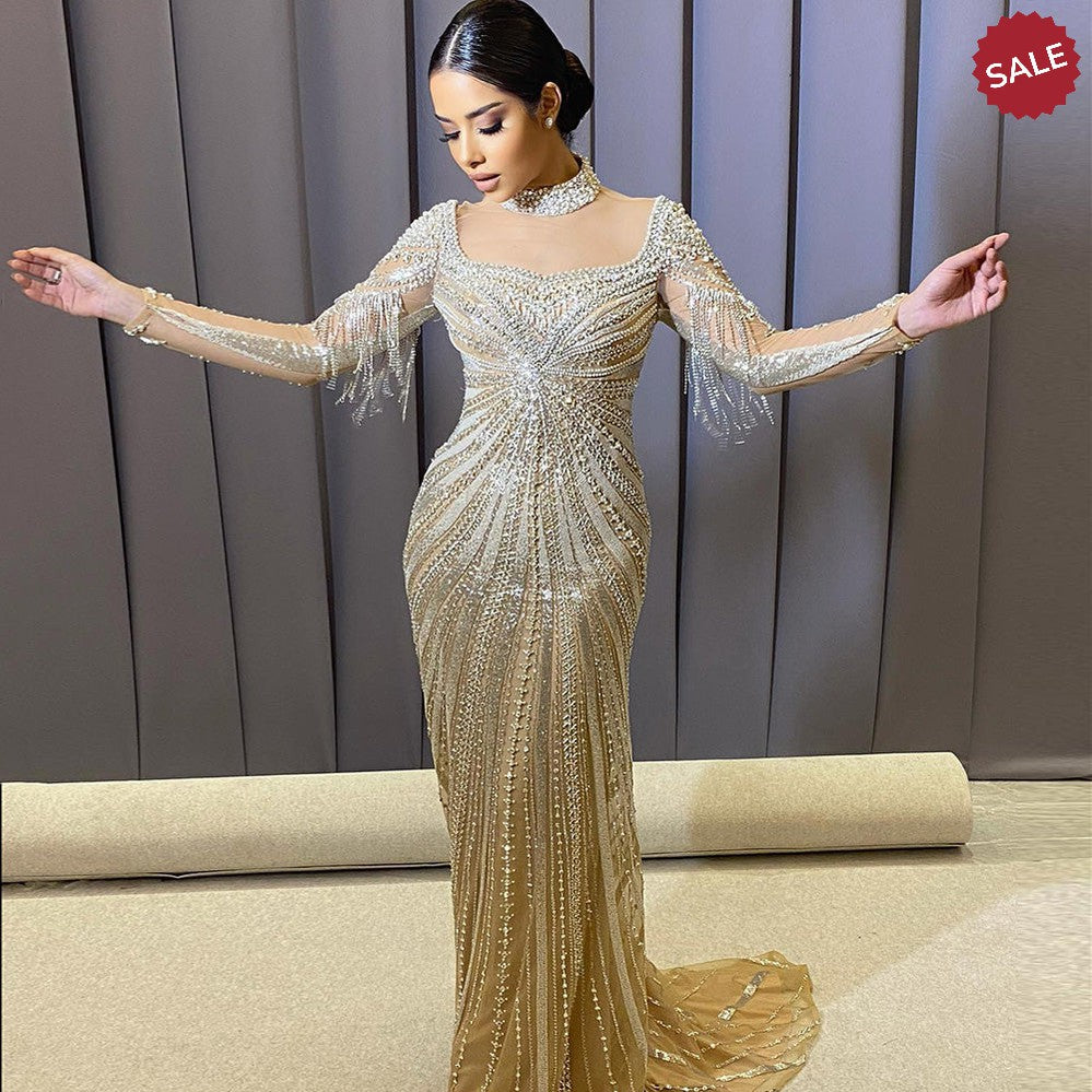 Luxury Champagne Mermaid Dubai Evening Dress with Detachable Overskirt Arabic Women Wedding Formal Party Gowns SS265