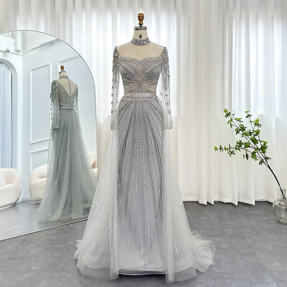 Luxury Champagne Mermaid Dubai Evening Dress with Detachable Overskirt Arabic Women Wedding Formal Party Gowns SS265