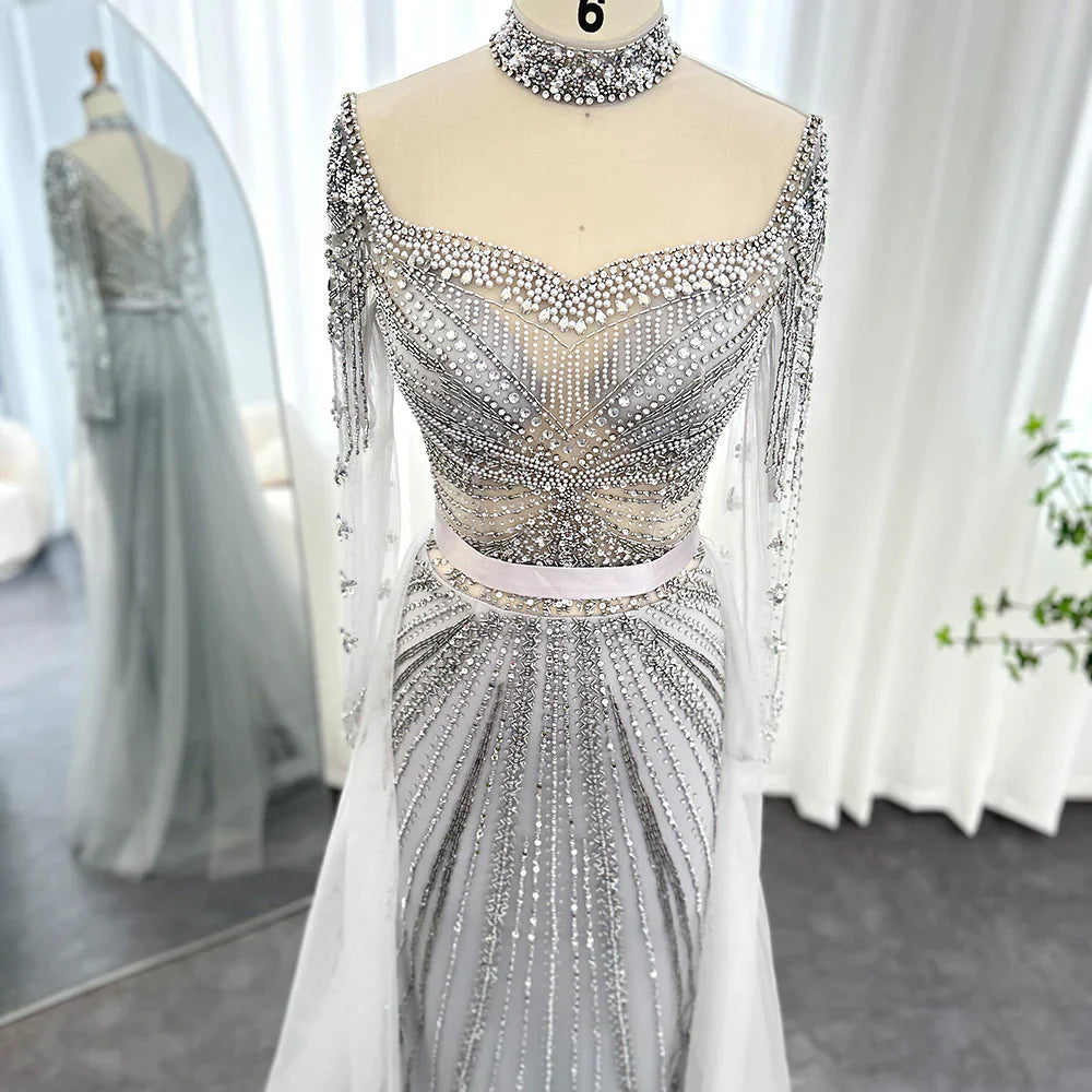 Luxury Champagne Mermaid Dubai Evening Dress with Detachable Overskirt Arabic Women Wedding Formal Party Gowns SS265