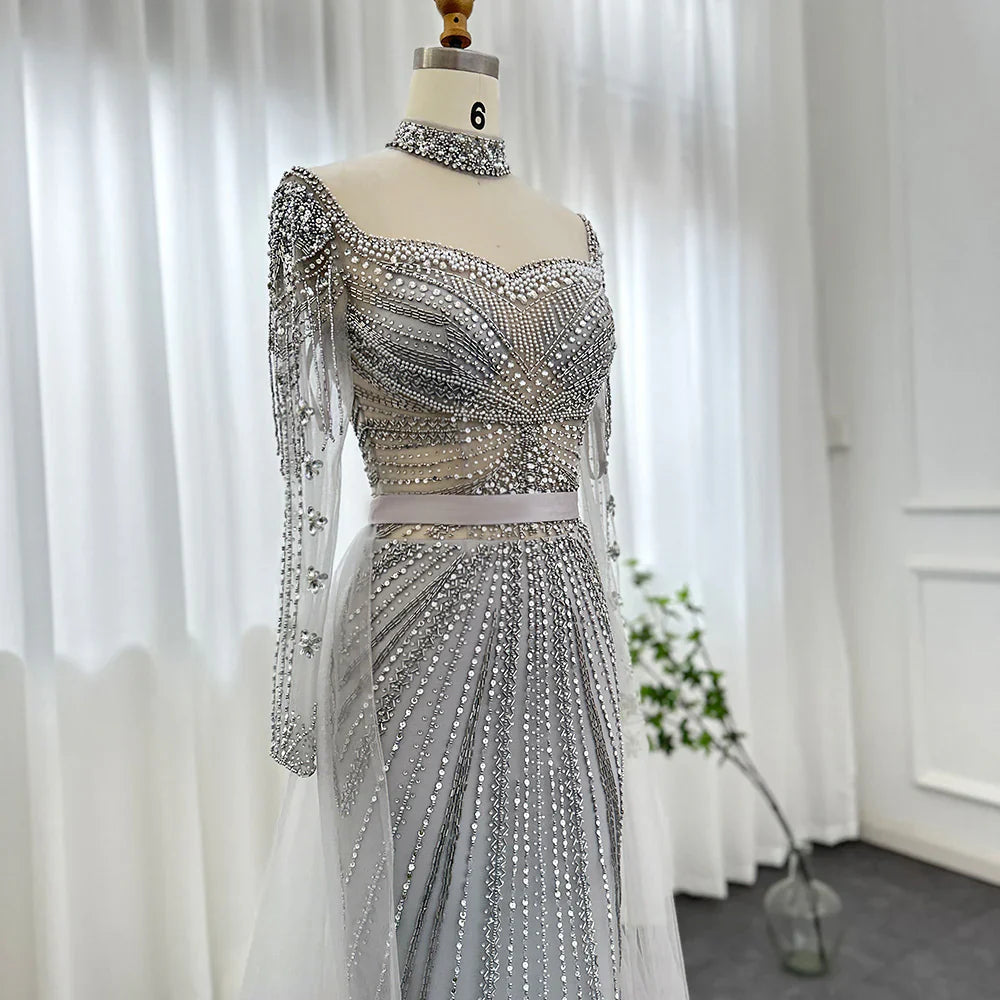 Luxury Champagne Mermaid Dubai Evening Dress with Detachable Overskirt Arabic Women Wedding Formal Party Gowns SS265