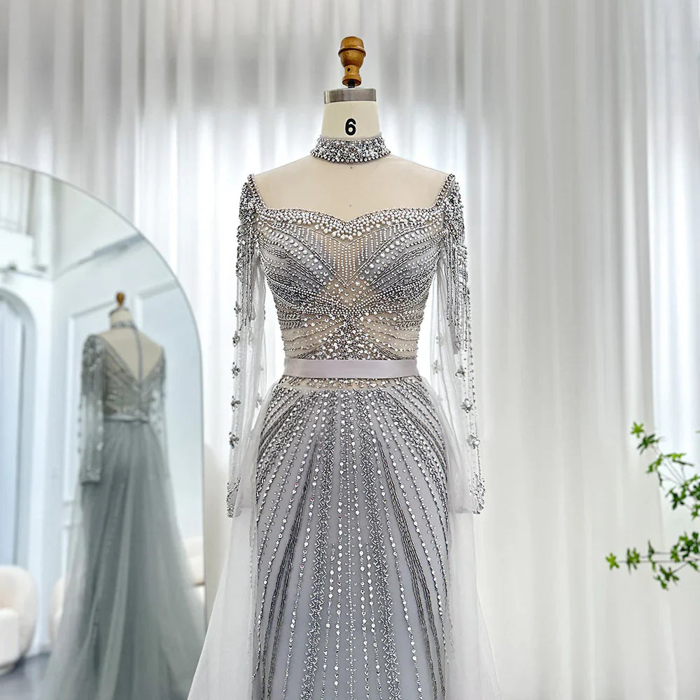 Luxury Champagne Mermaid Dubai Evening Dress with Detachable Overskirt Arabic Women Wedding Formal Party Gowns SS265
