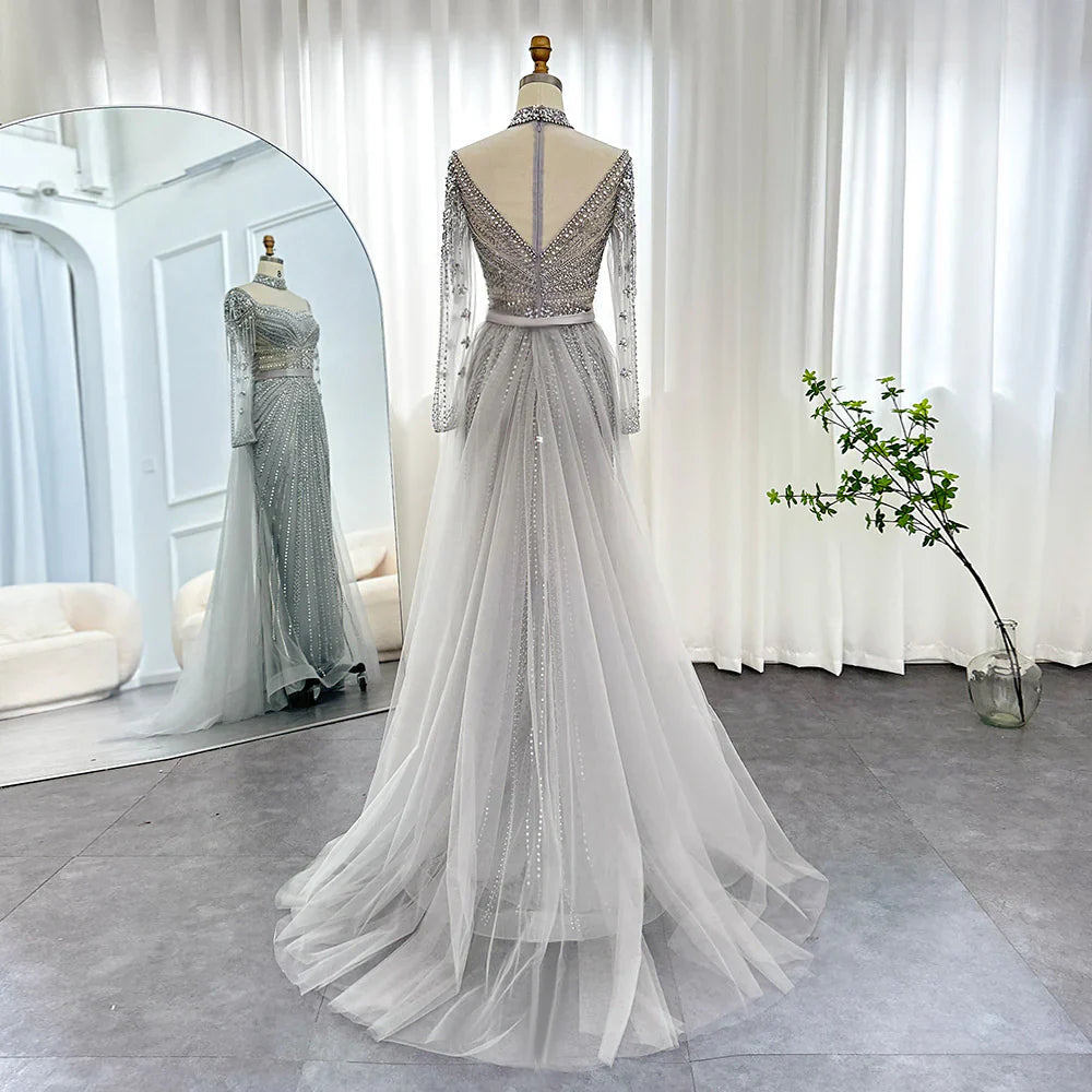 Luxury Champagne Mermaid Dubai Evening Dress with Detachable Overskirt Arabic Women Wedding Formal Party Gowns SS265