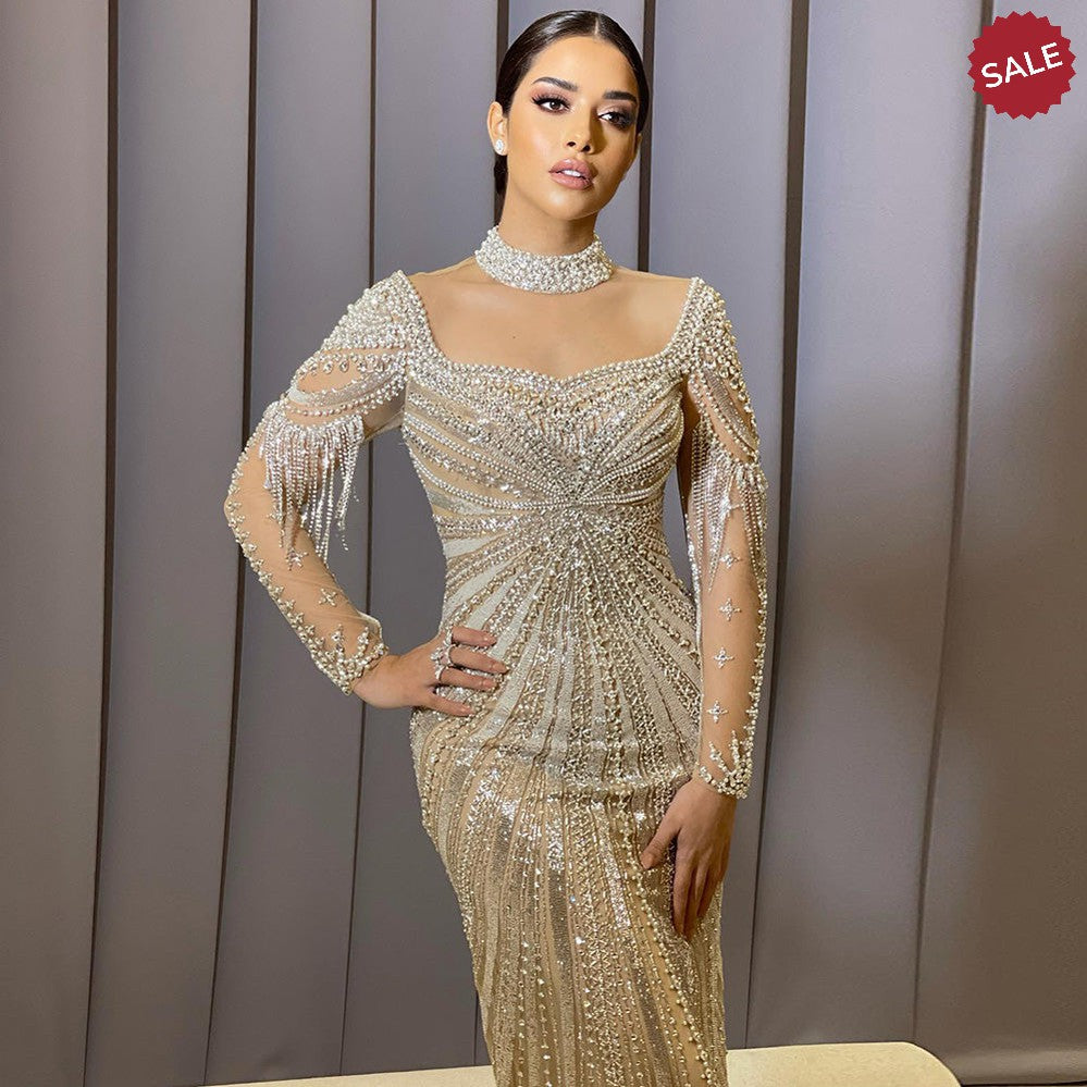 Luxury Champagne Mermaid Dubai Evening Dress with Detachable Overskirt Arabic Women Wedding Formal Party Gowns SS265