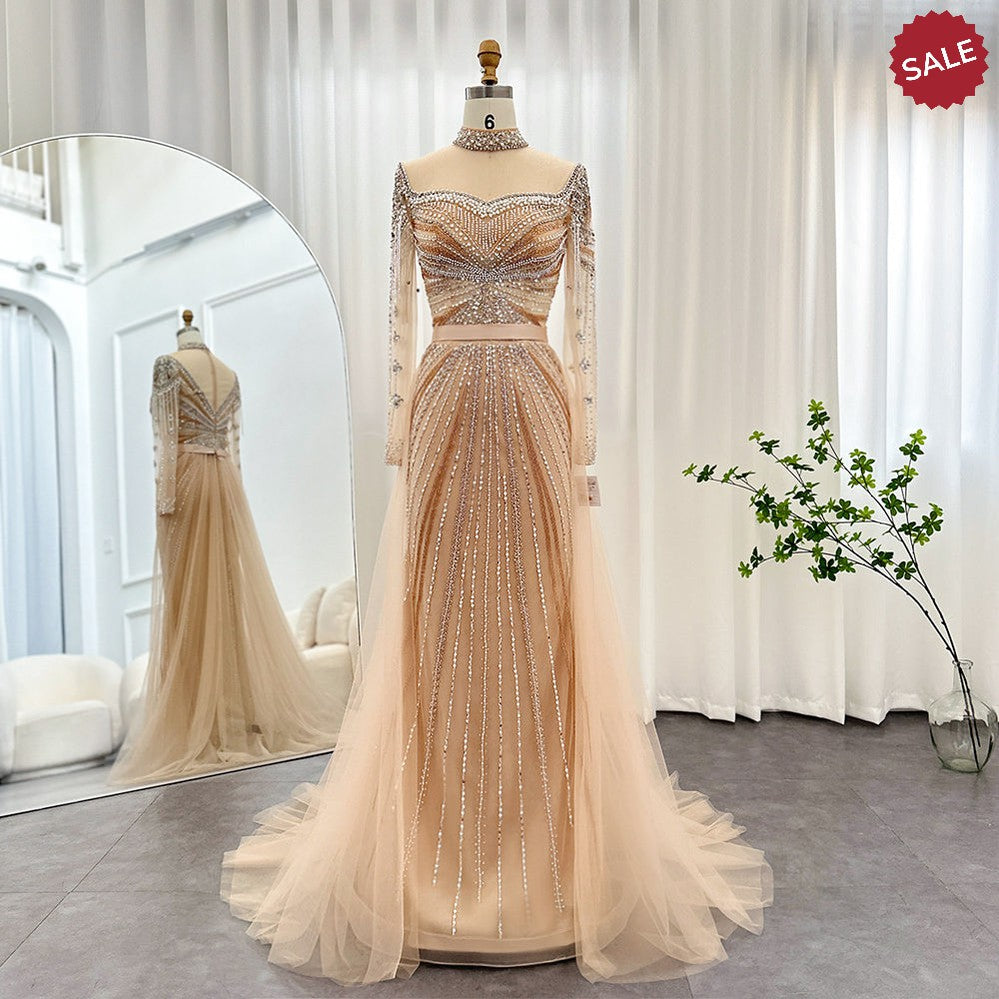 Luxury Champagne Mermaid Dubai Evening Dress with Detachable Overskirt Arabic Women Wedding Formal Party Gowns SS265