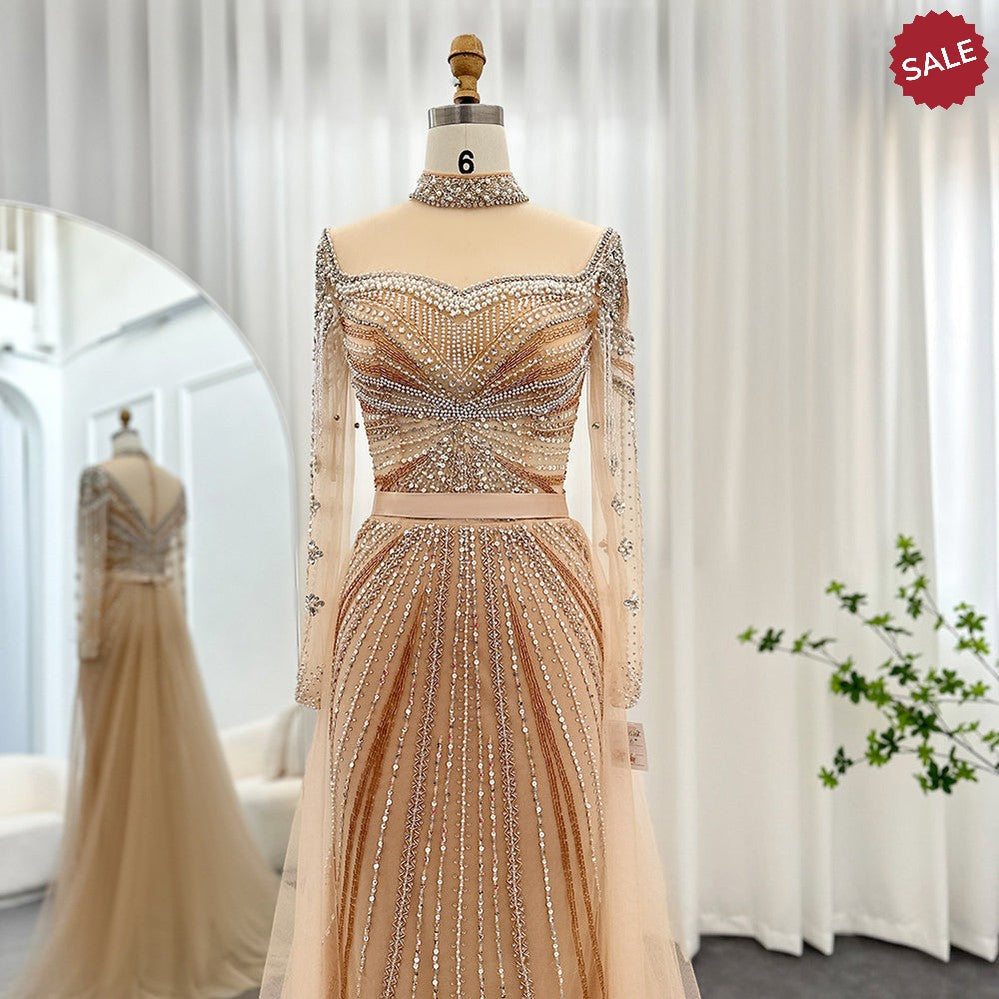 Luxury Champagne Mermaid Dubai Evening Dress with Detachable Overskirt Arabic Women Wedding Formal Party Gowns SS265
