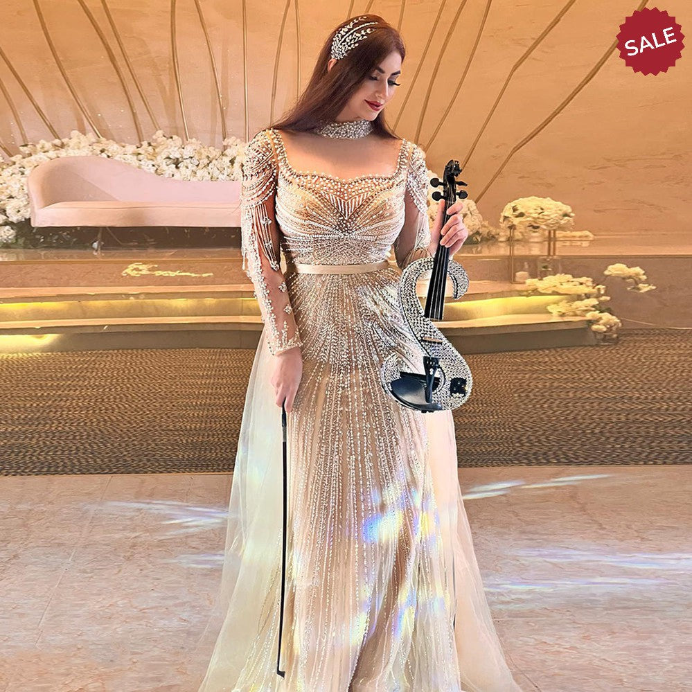 Luxury Champagne Mermaid Dubai Evening Dress with Detachable Overskirt Arabic Women Wedding Formal Party Gowns SS265