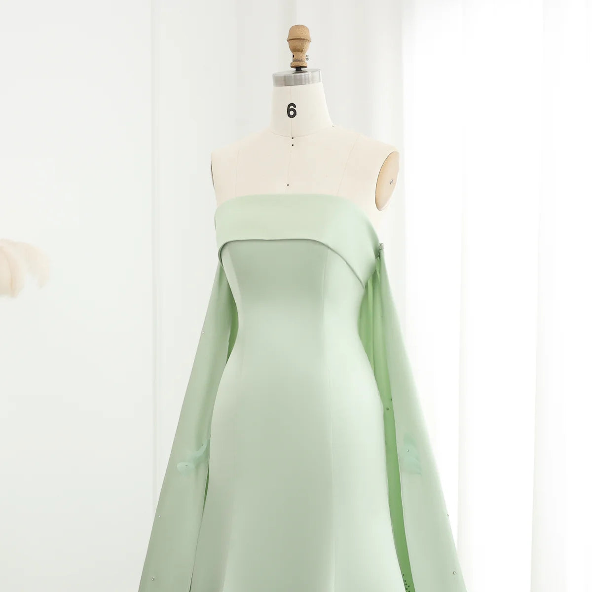 Luxury Crystal 3D Leaves Sage Green Evening Dress with Cape SS449