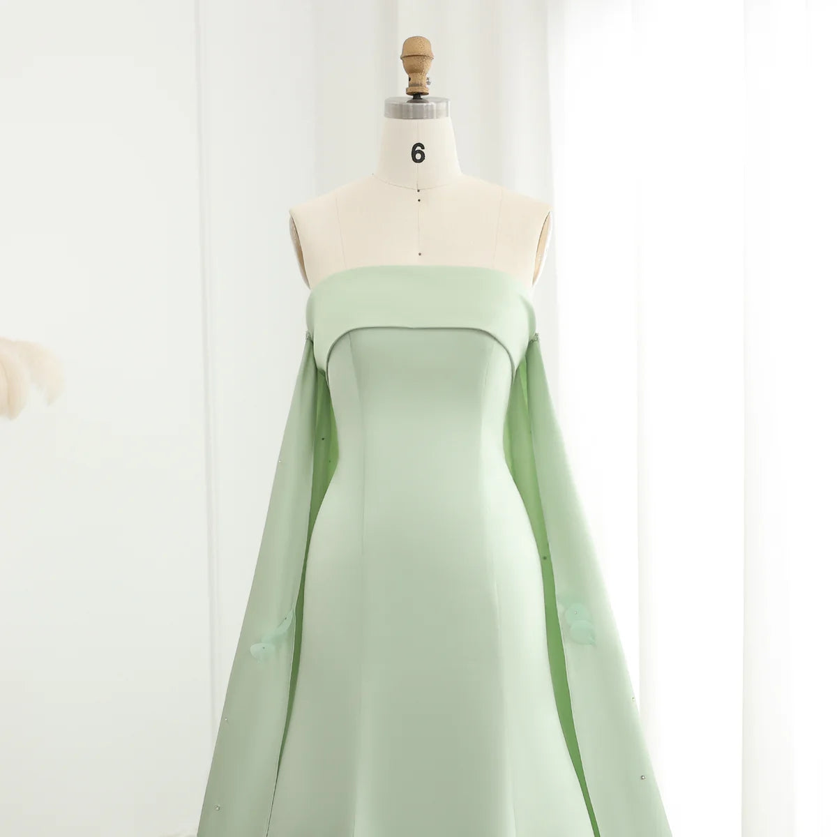 Luxury Crystal 3D Leaves Sage Green Evening Dress with Cape SS449
