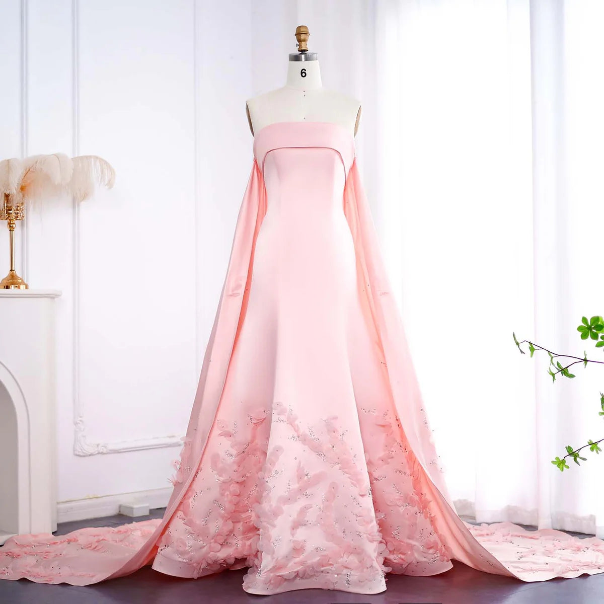Luxury Crystal 3D Leaves Sage Green Evening Dress with Cape SS449