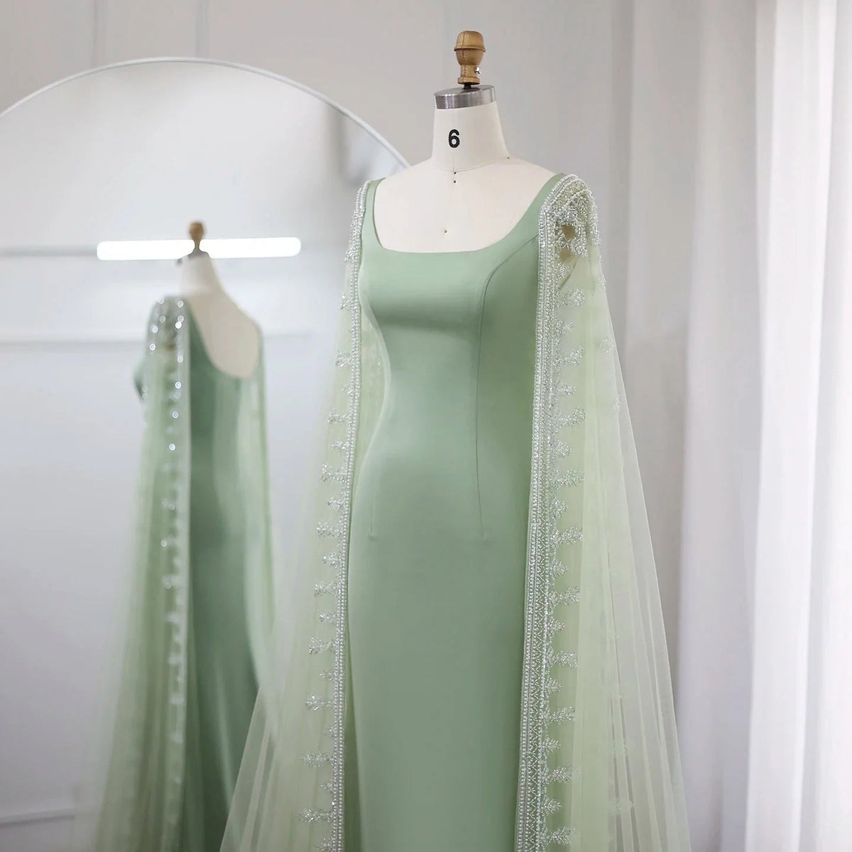 Luxury Crystal Blue Mermaid Dubai Evening Dresses with Cape Sleeves Elegant Arabic Women Wedding Party Gowns SS445