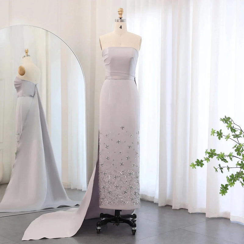 Luxury Crystal Dubai Gray Arab Evening Dress for Women Wedding Midi Formal Party Gowns with Train Ankle Length SS415