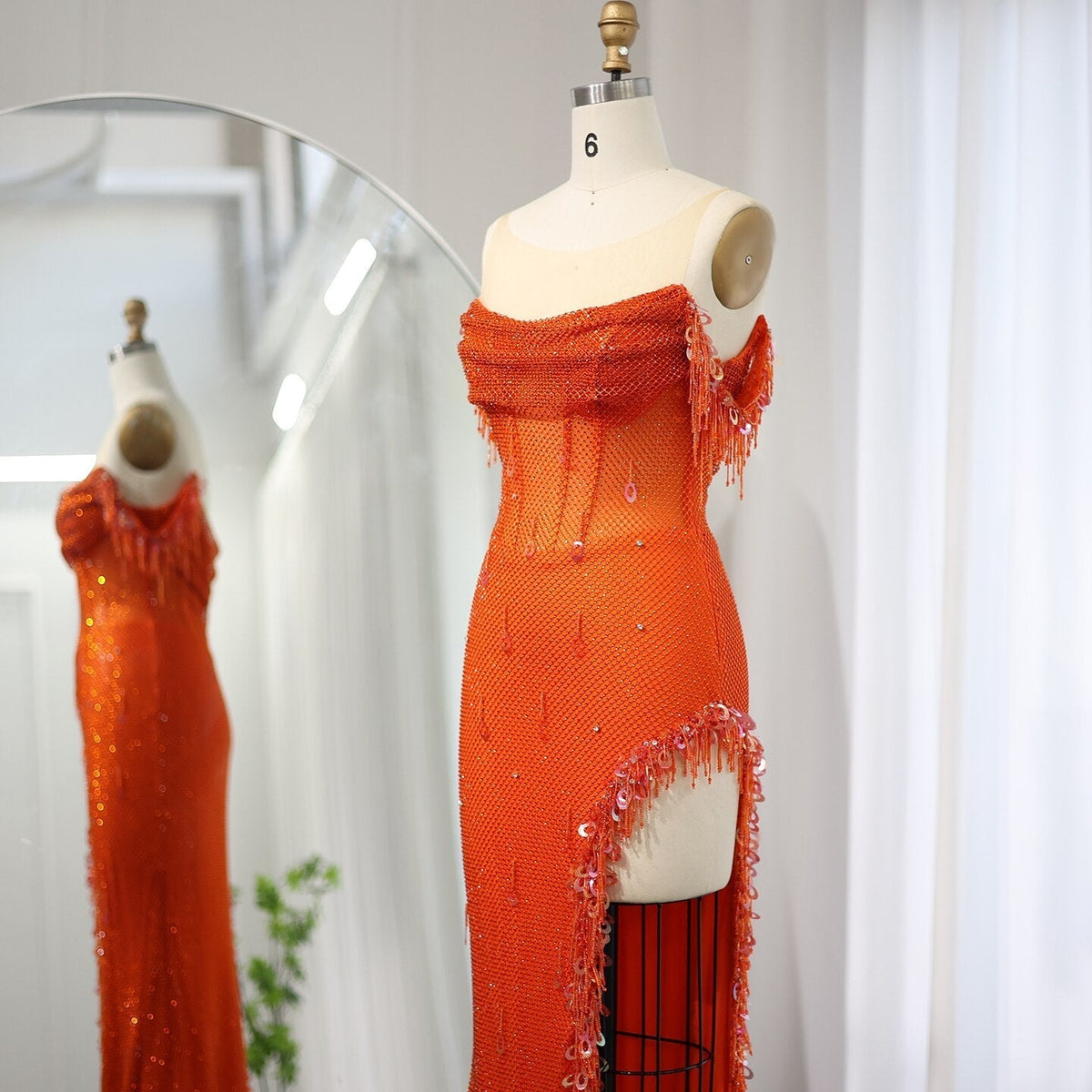 Luxury Crystal Dubai Sage Green Evening Dresses Orange Arabic High Slit Prom Dress for Women Wedding Party SS382