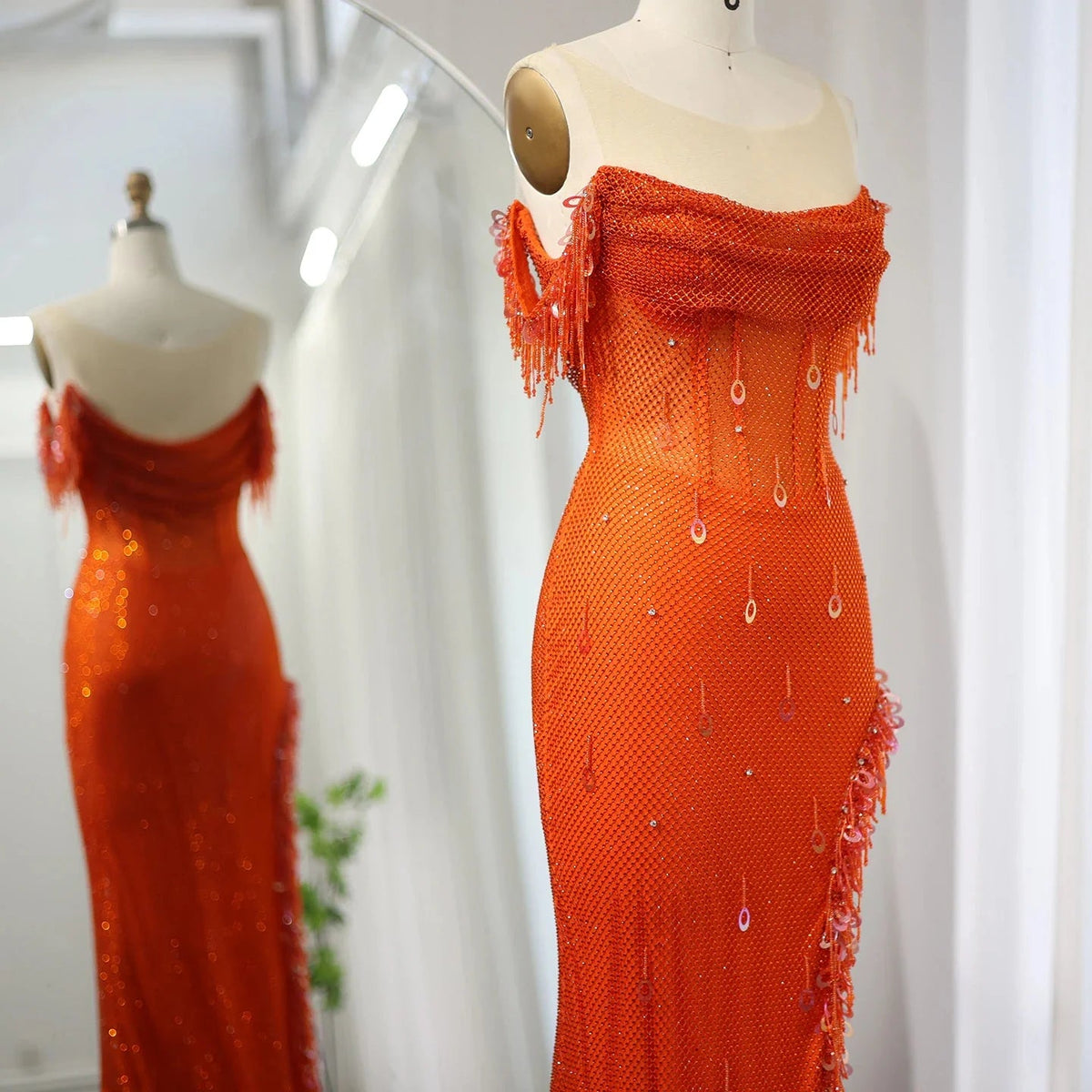 Luxury Crystal Dubai Sage Green Evening Dresses Orange Arabic High Slit Prom Dress for Women Wedding Party SS382