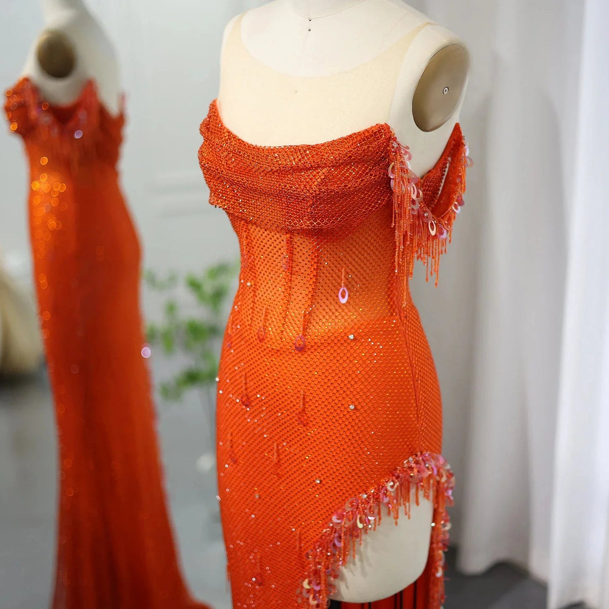Luxury Crystal Dubai Sage Green Evening Dresses Orange Arabic High Slit Prom Dress for Women Wedding Party SS382
