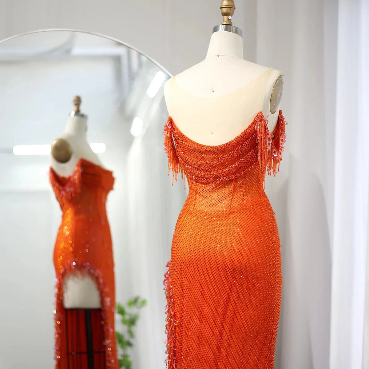 Luxury Crystal Dubai Sage Green Evening Dresses Orange Arabic High Slit Prom Dress for Women Wedding Party SS382