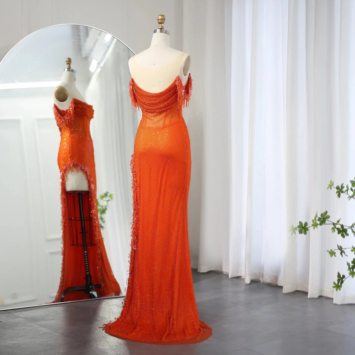 Luxury Crystal Dubai Sage Green Evening Dresses Orange Arabic High Slit Prom Dress for Women Wedding Party SS382