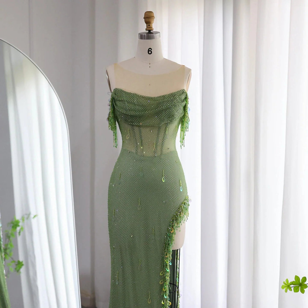 Luxury Crystal Dubai Sage Green Evening Dresses Orange Arabic High Slit Prom Dress for Women Wedding Party SS382