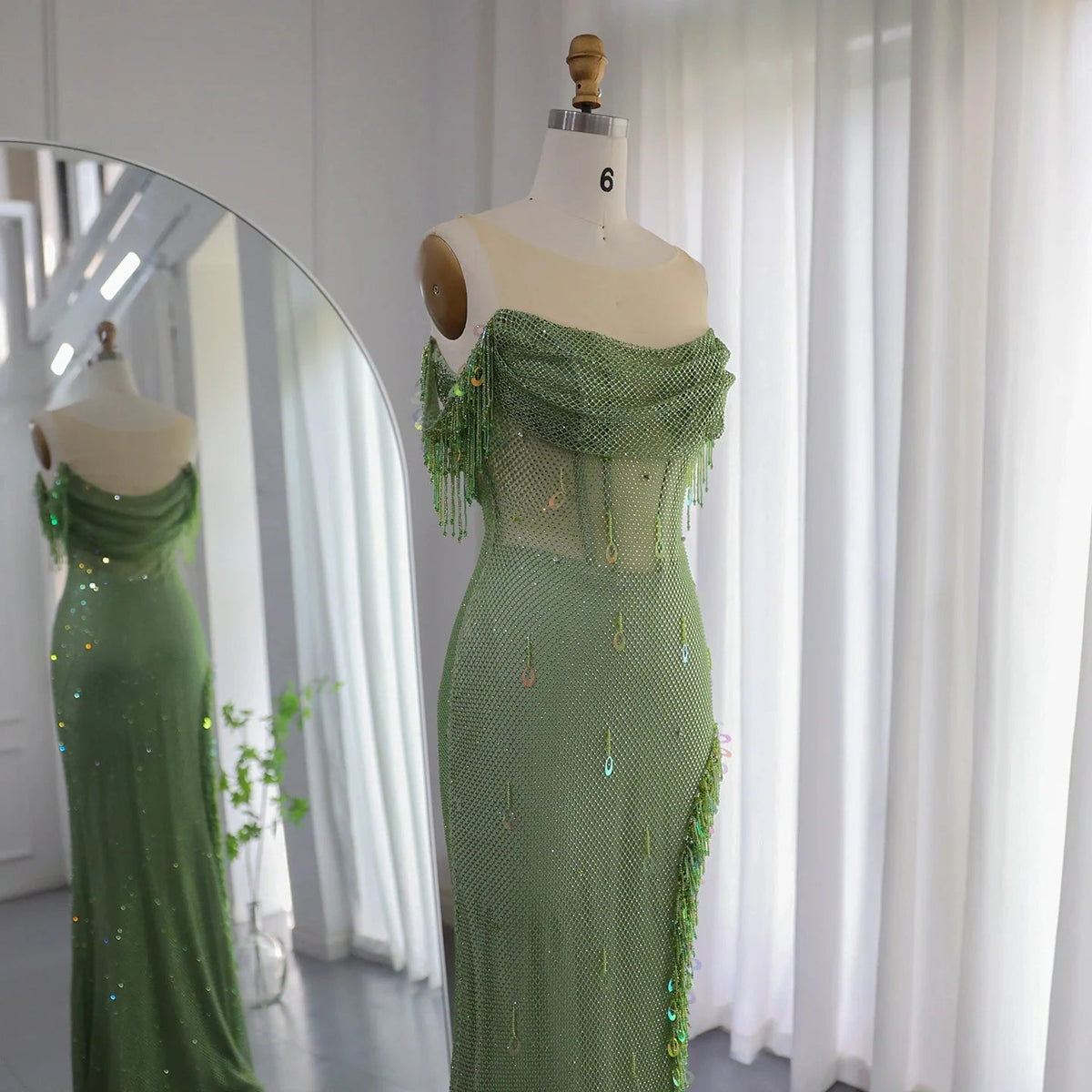 Luxury Crystal Dubai Sage Green Evening Dresses Orange Arabic High Slit Prom Dress for Women Wedding Party SS382