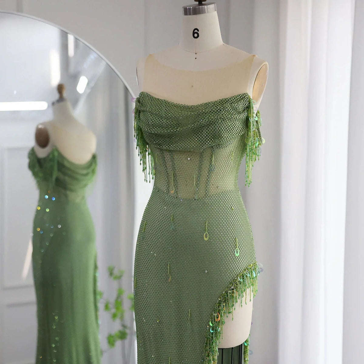 Luxury Crystal Dubai Sage Green Evening Dresses Orange Arabic High Slit Prom Dress for Women Wedding Party SS382