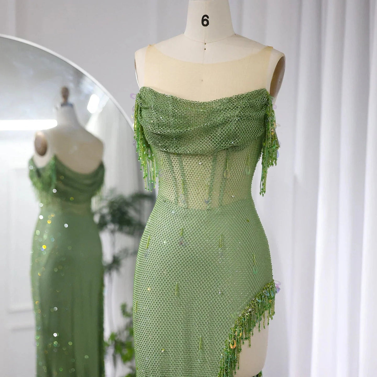 Luxury Crystal Dubai Sage Green Evening Dresses Orange Arabic High Slit Prom Dress for Women Wedding Party SS382