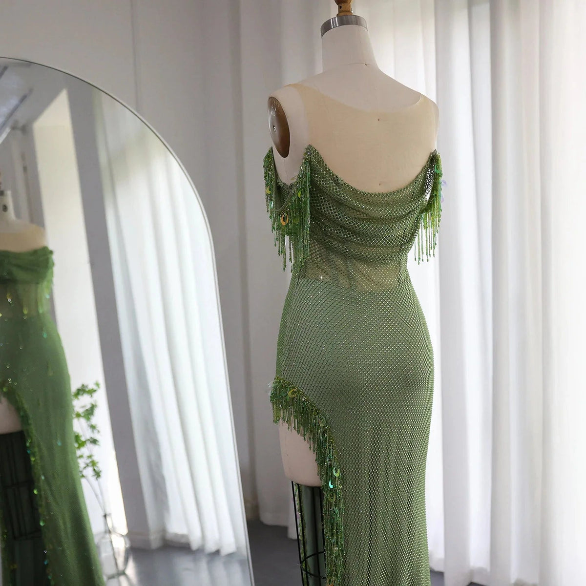 Luxury Crystal Dubai Sage Green Evening Dresses Orange Arabic High Slit Prom Dress for Women Wedding Party SS382
