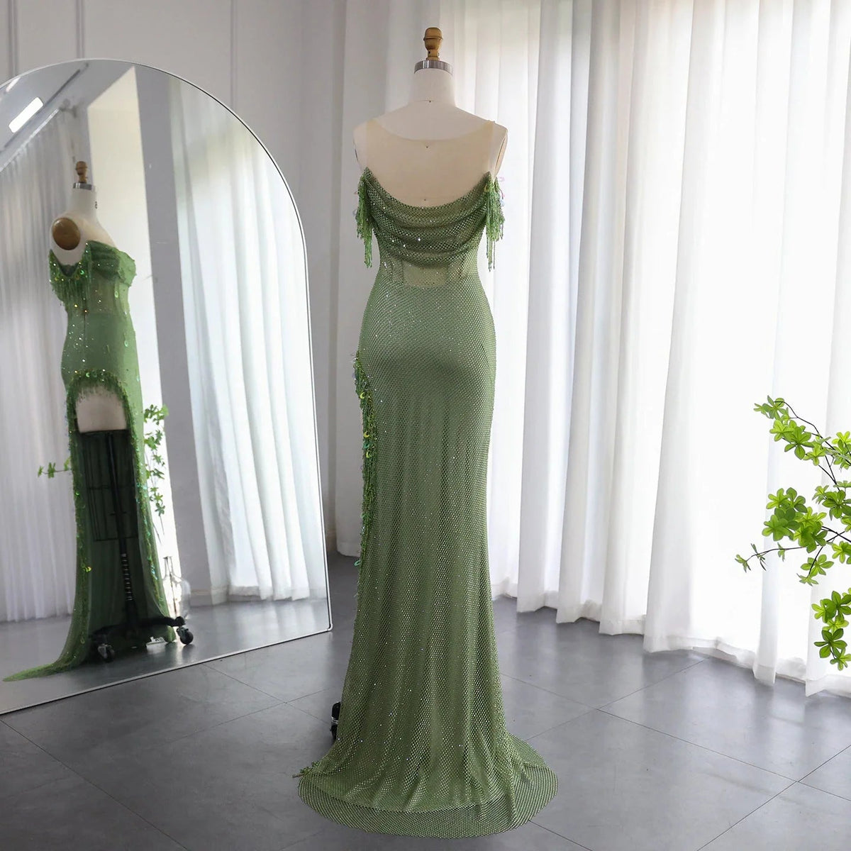 Luxury Crystal Dubai Sage Green Evening Dresses Orange Arabic High Slit Prom Dress for Women Wedding Party SS382
