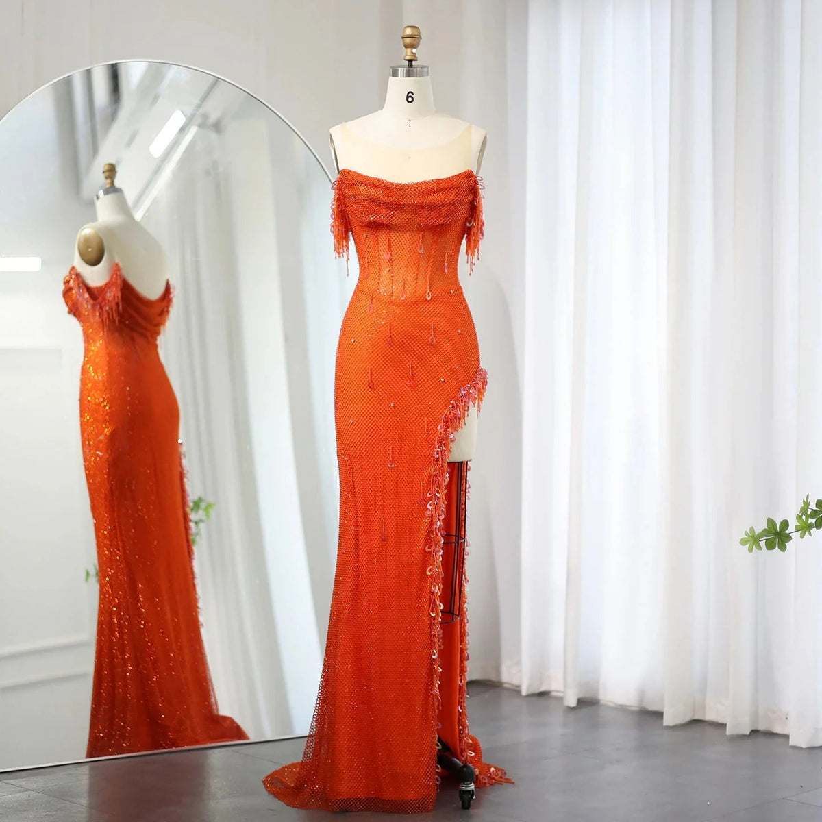 Luxury Crystal Dubai Sage Green Evening Dresses Orange Arabic High Slit Prom Dress for Women Wedding Party SS382