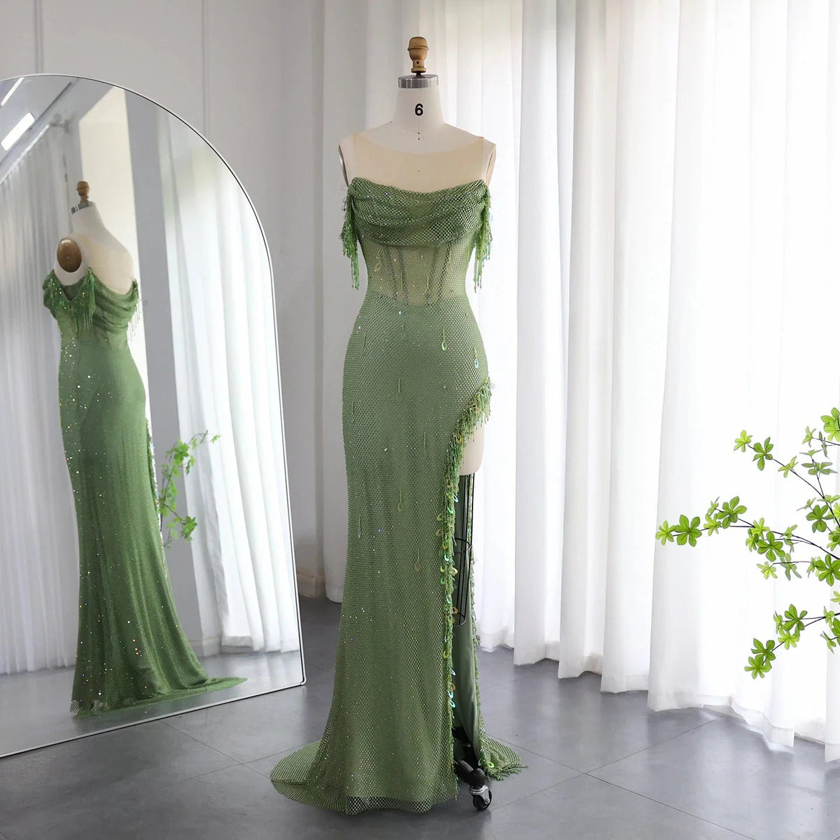Luxury Crystal Dubai Sage Green Evening Dresses Orange Arabic High Slit Prom Dress for Women Wedding Party SS382