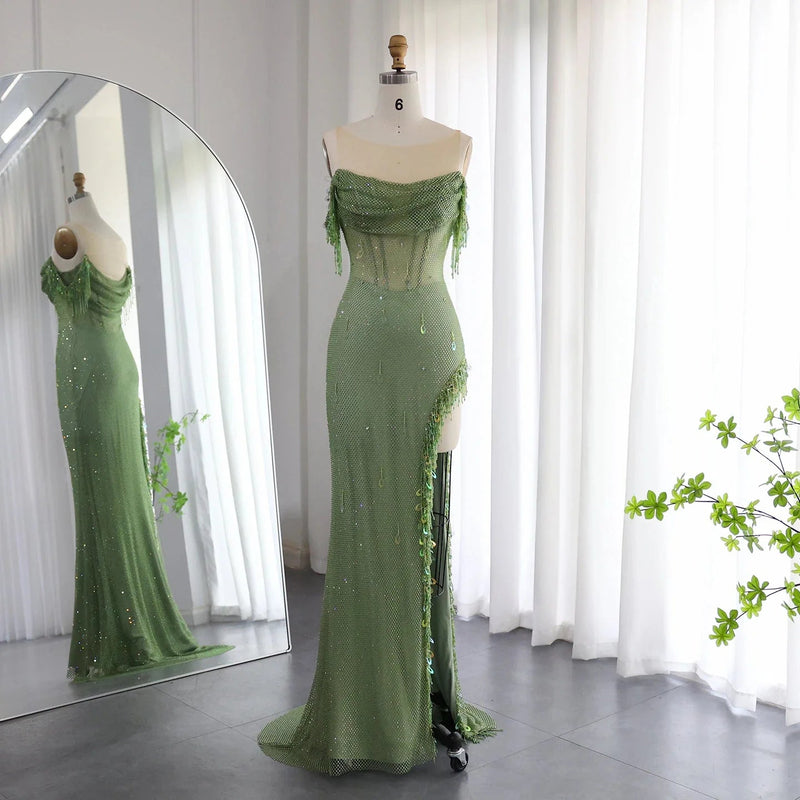 Luxury Crystal Dubai Sage Green Evening Dresses Orange Arabic High Slit Prom Dress for Women Wedding Party SS382