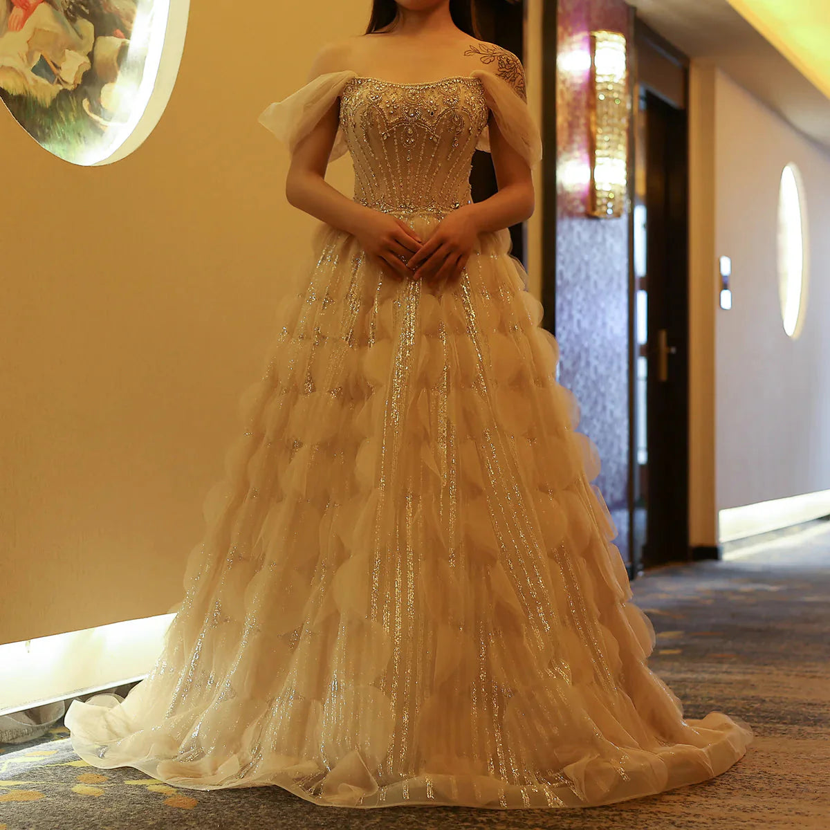Luxury Crystal Princess Ball Gown Blush Pink Ruffles Evening Dress for Women Wedding Engament Party Dress SS533