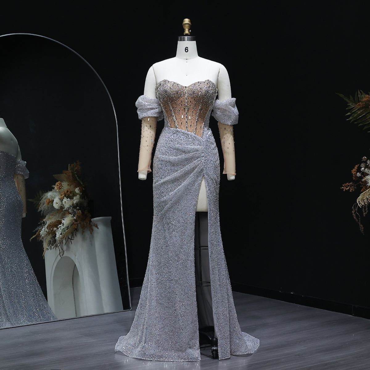 Luxury Crystal Silver Evening Dress with Sleeves Slit SS426