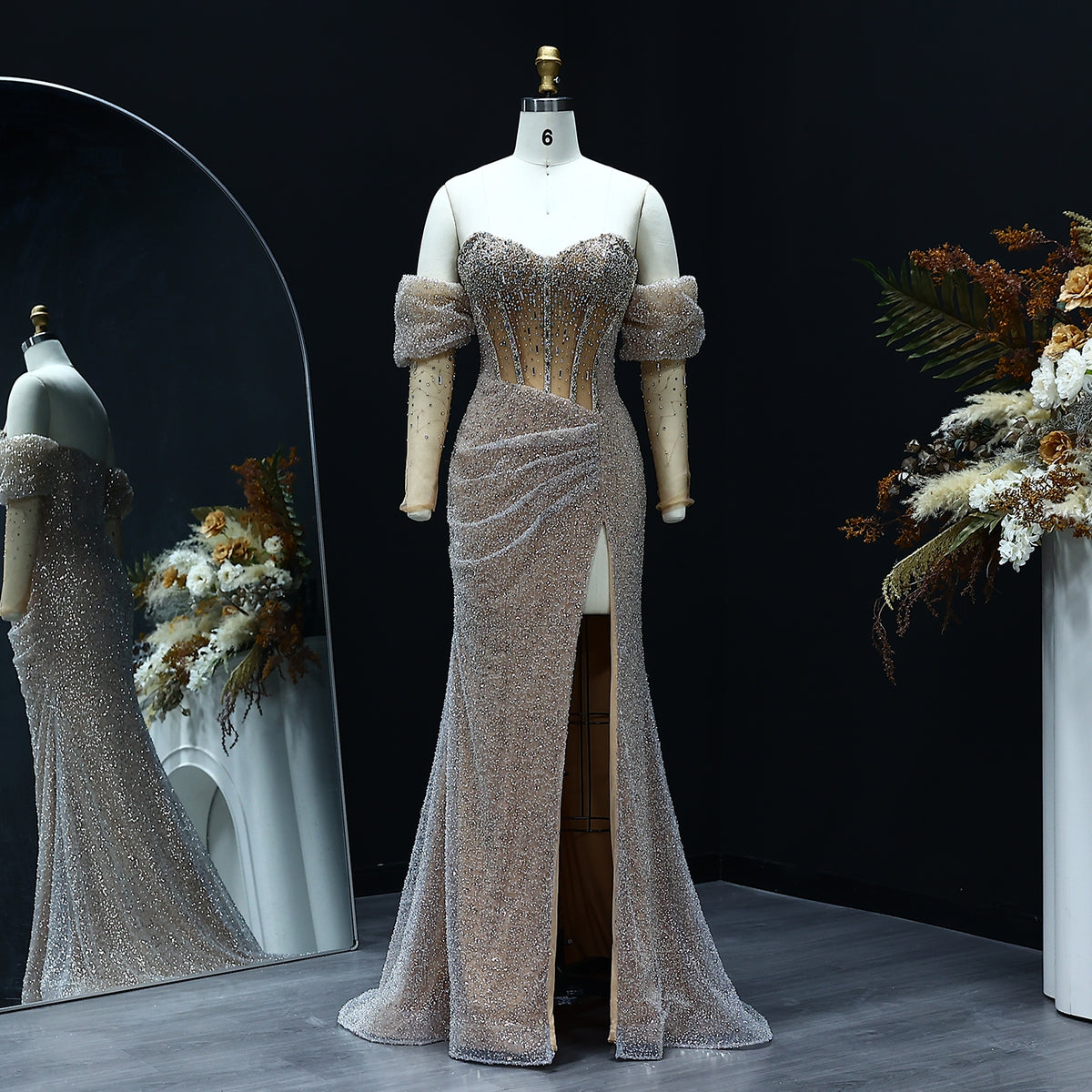 Luxury Crystal Silver Evening Dress with Sleeves Slit SS426