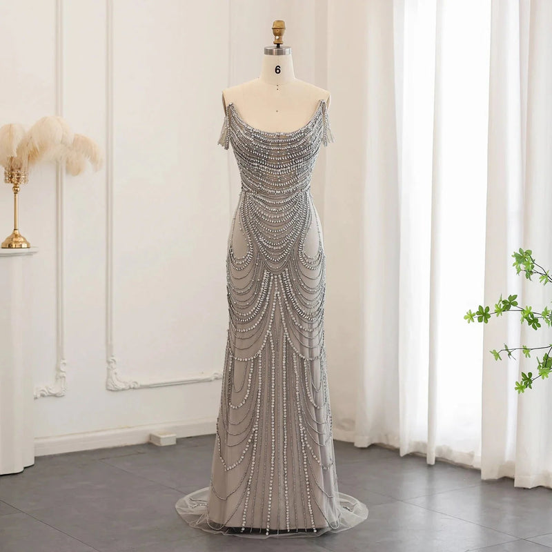 Luxury Crystal Silver Gray Mermaid Dubai Evening Dresses for Women Wedding Long Black Prom Party Gowns SS403
