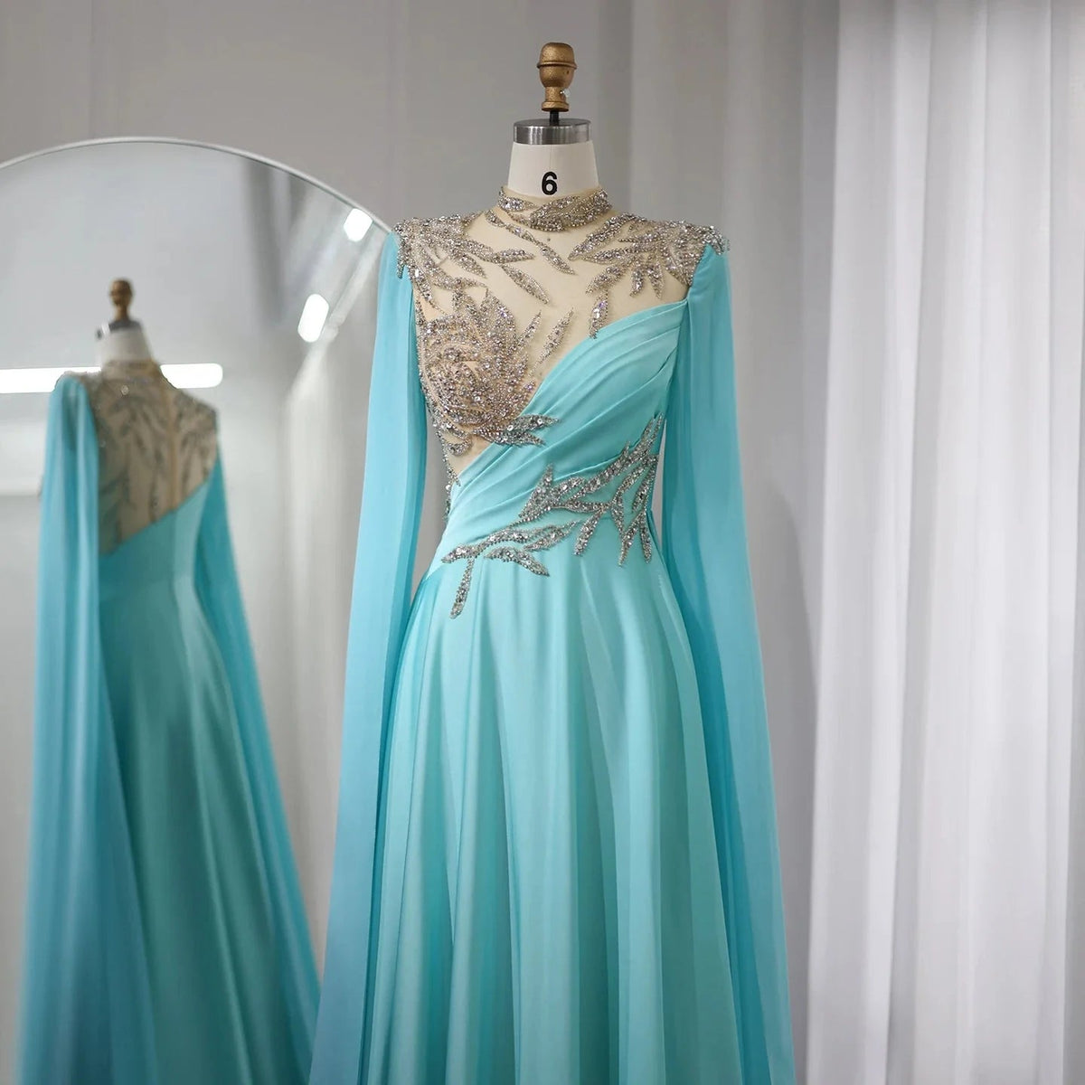 Luxury Crystal Turquoise Blue Evening Dress with Cap Sleeves 2024 High Neck Arabic Women Wedding Party Dress SS207