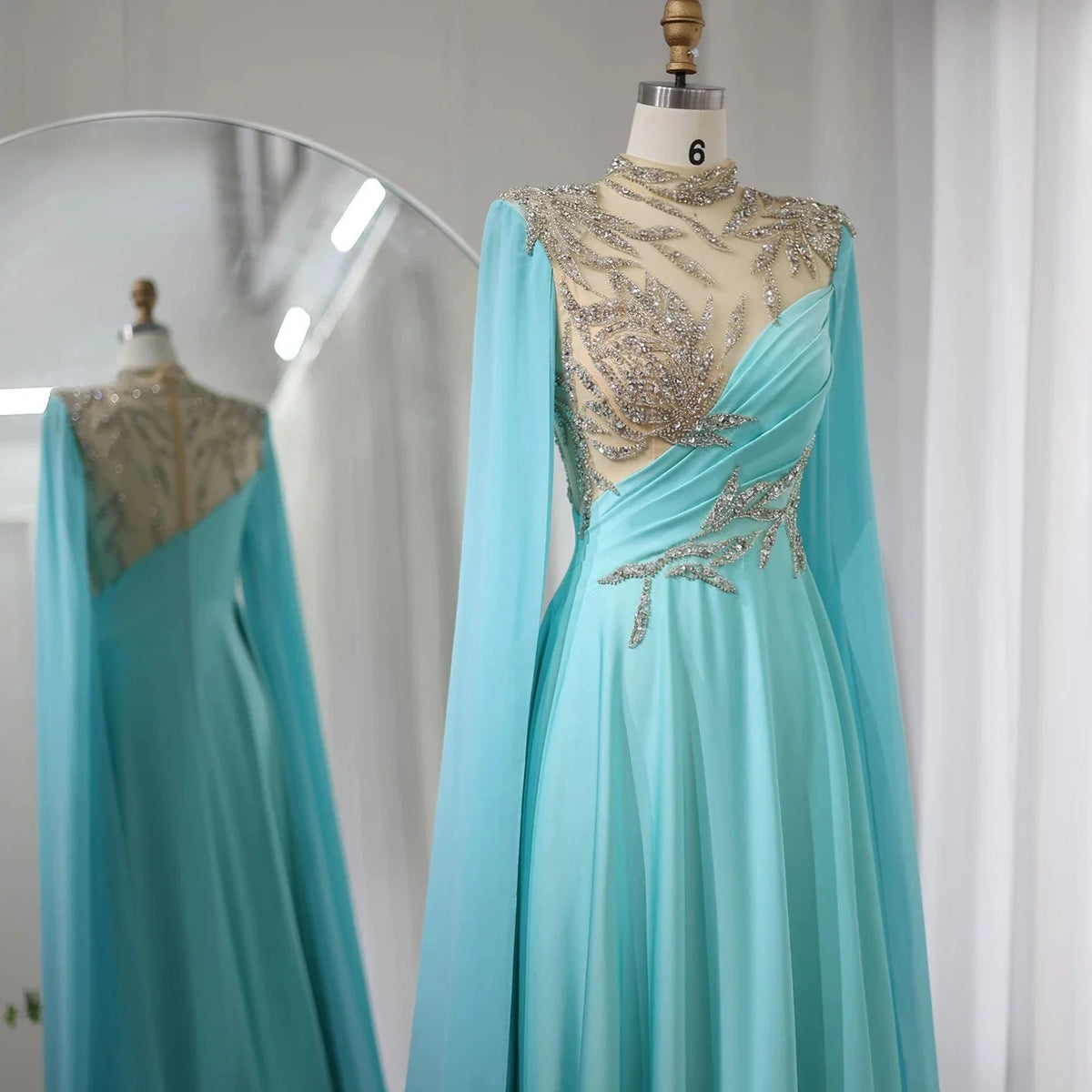 Luxury Crystal Turquoise Blue Evening Dress with Cap Sleeves 2024 High Neck Arabic Women Wedding Party Dress SS207