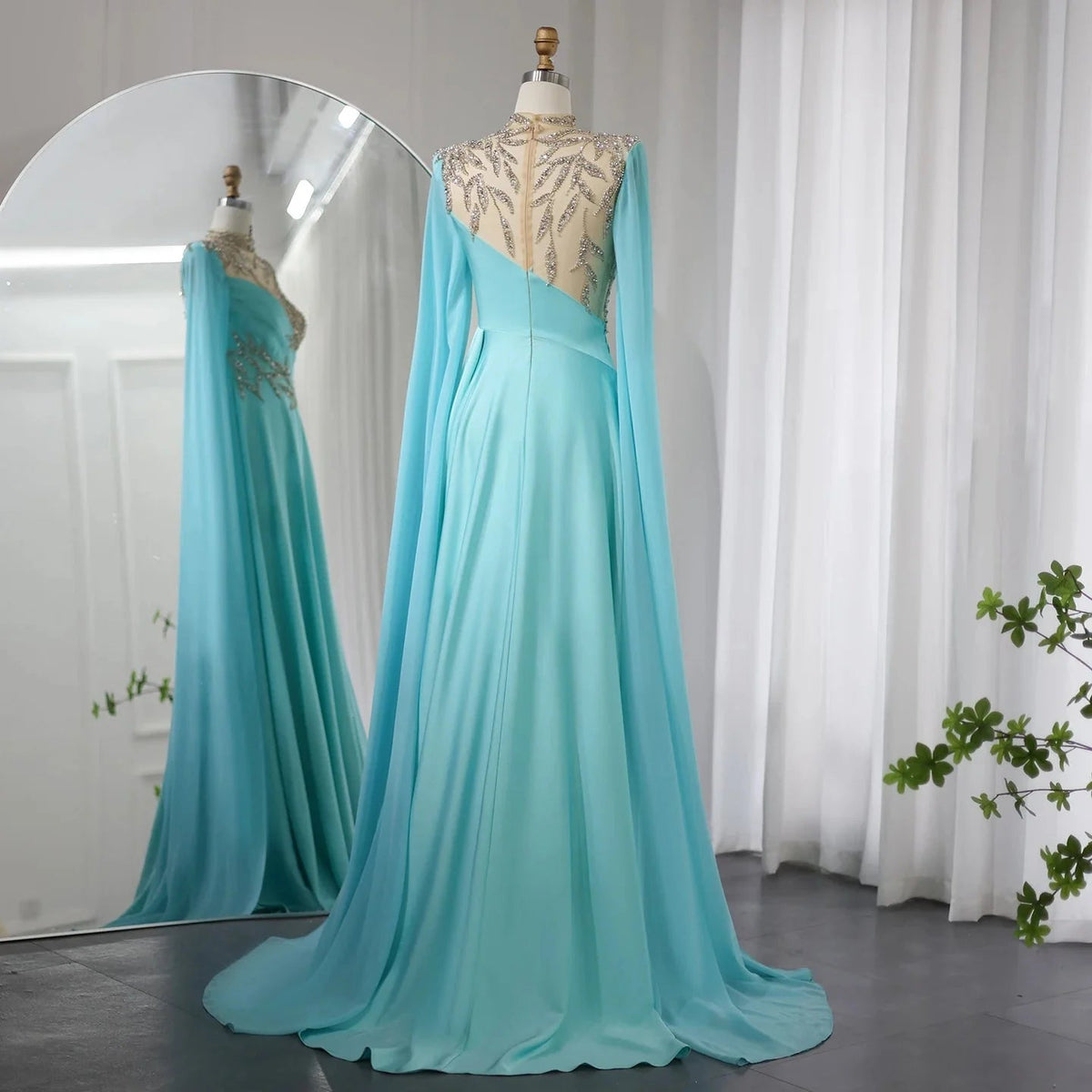 Luxury Crystal Turquoise Blue Evening Dress with Cap Sleeves 2024 High Neck Arabic Women Wedding Party Dress SS207