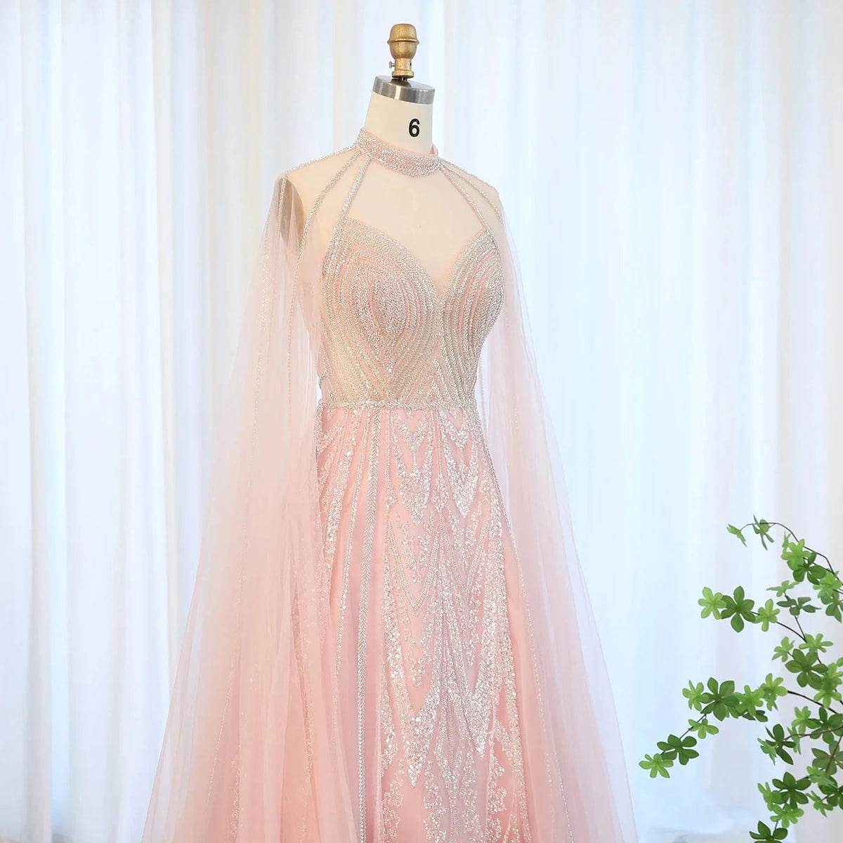 Luxury Dubai A-line Blue Evening Dress with Cape Sleeves Elegant Pink Yellow Plus Size for Women Wedding Party SS090